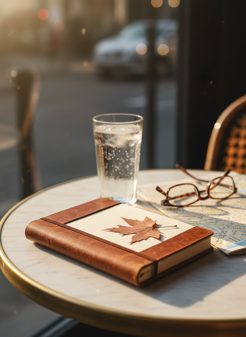 An elegant, slightly scuffed leather travel notebook rests on a café-style bistro table, its elastic band loosely draped aside, revealing a page with a small pressed leaf tucked at the corner. Around it sit a slender glass of sparkling water, a folded city map, and a pair of tortoiseshell reading glasses, all softly out of focus. Late afternoon sun pours through an unseen window, creating warm highlights on the notebook’s textured cover and subtle reflections on the tabletop. Photographic realism, composed with rule-of-thirds framing and a gentle bokeh background, conveys a sophisticated yet spontaneous atmosphere of life on the move and memories being captured between journeys.