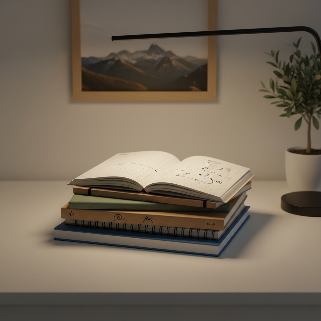 A neat stack of mismatched notebooks—spiral-bound, cloth-covered, and kraft paper—sits on a minimalist white desk, each spine labeled with small, hand-drawn symbols. Atop the stack, a single open notebook reveals a page half-filled with tidy bullet points and a sketched timeline. A slim, matte-black desk lamp above casts warm, focused light, creating a pool of illumination that fades into a soft, dusky room beyond. In the background, slightly blurred, a simple framed landscape photo and a small potted olive tree add character. Photographic realism, shot from a slightly elevated angle with crisp focus on the pages, conveys an organized, introspective mood suited to thoughtful life reflections.